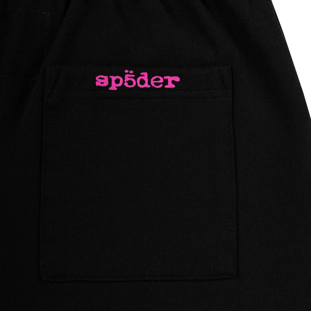 Black ARACH SWEATPANT, 13oz cotton fleece, with a pink "sp5der" puff print on the back pocket.