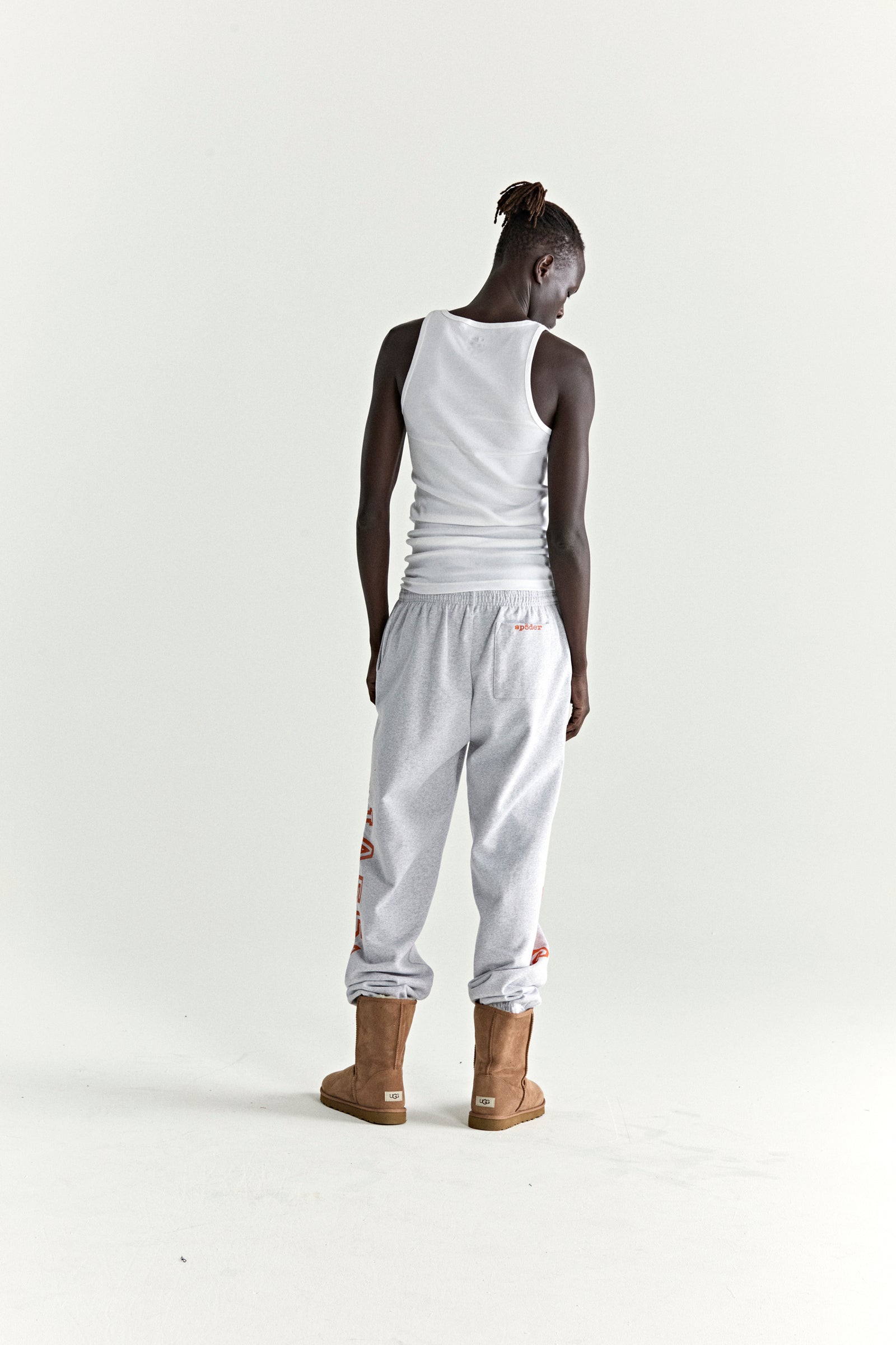 ARACH SWEATPANT: Light grey 13oz cotton fleece sweatpants with arched red text print.