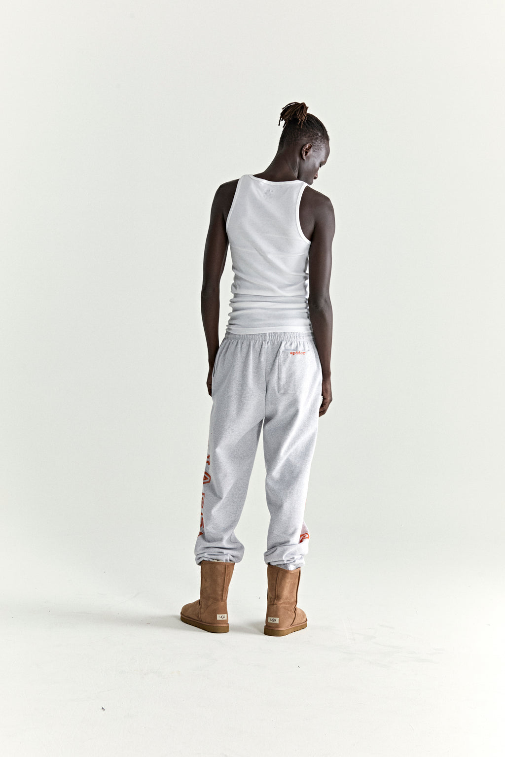 ARACH SWEATPANT: Light grey 13oz cotton fleece sweatpants with arched red text print.