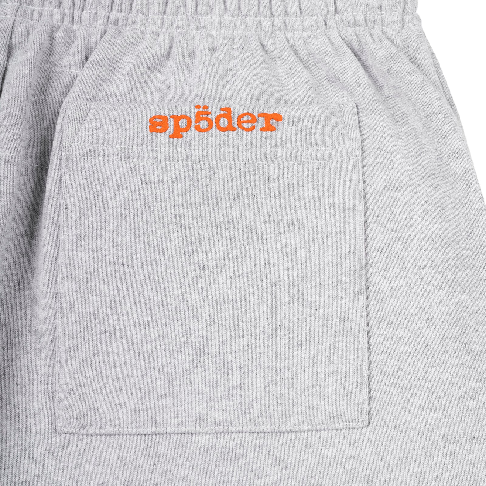 Heather grey cotton fleece sweatpant with orange "ap5der" puff print on back pocket.