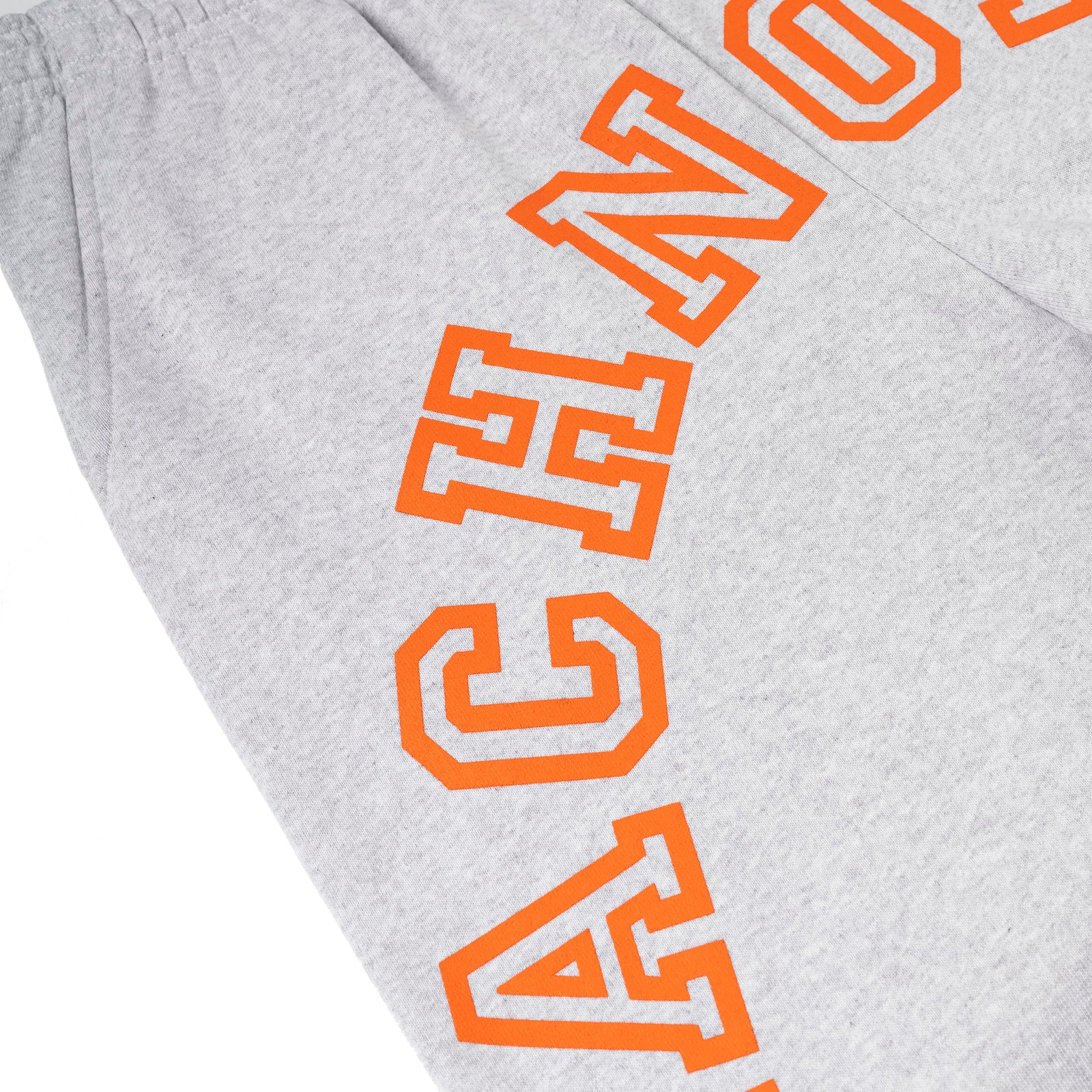 Gray 13oz cotton fleece sweatpants with arched orange "ARACH" text puff print along the leg.