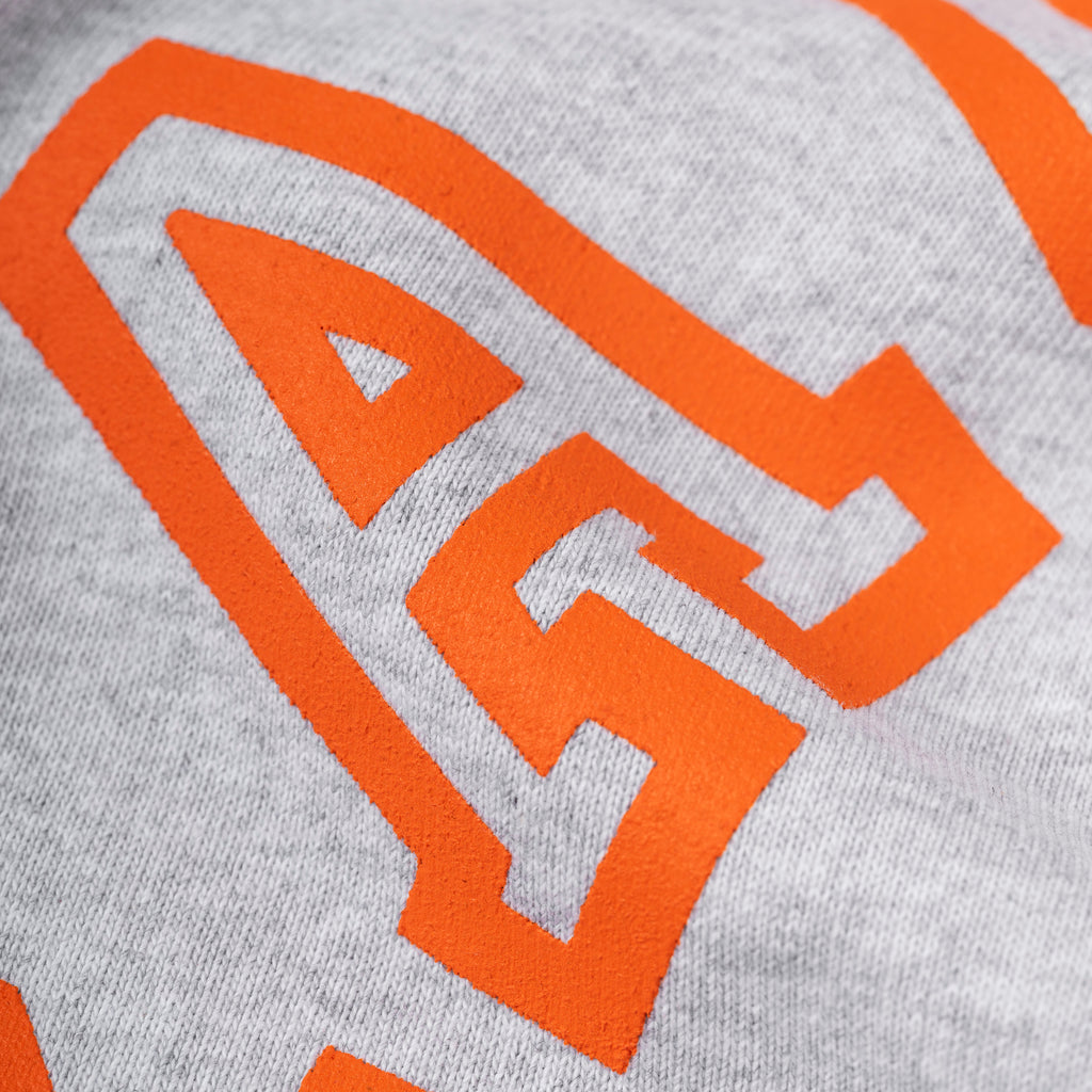 Gray cotton fleece sweatpant with orange arched text puff print.