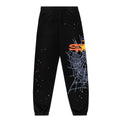 Black 13oz cotton fleece sweatpants with SP5DER web graphic and scattered star print.