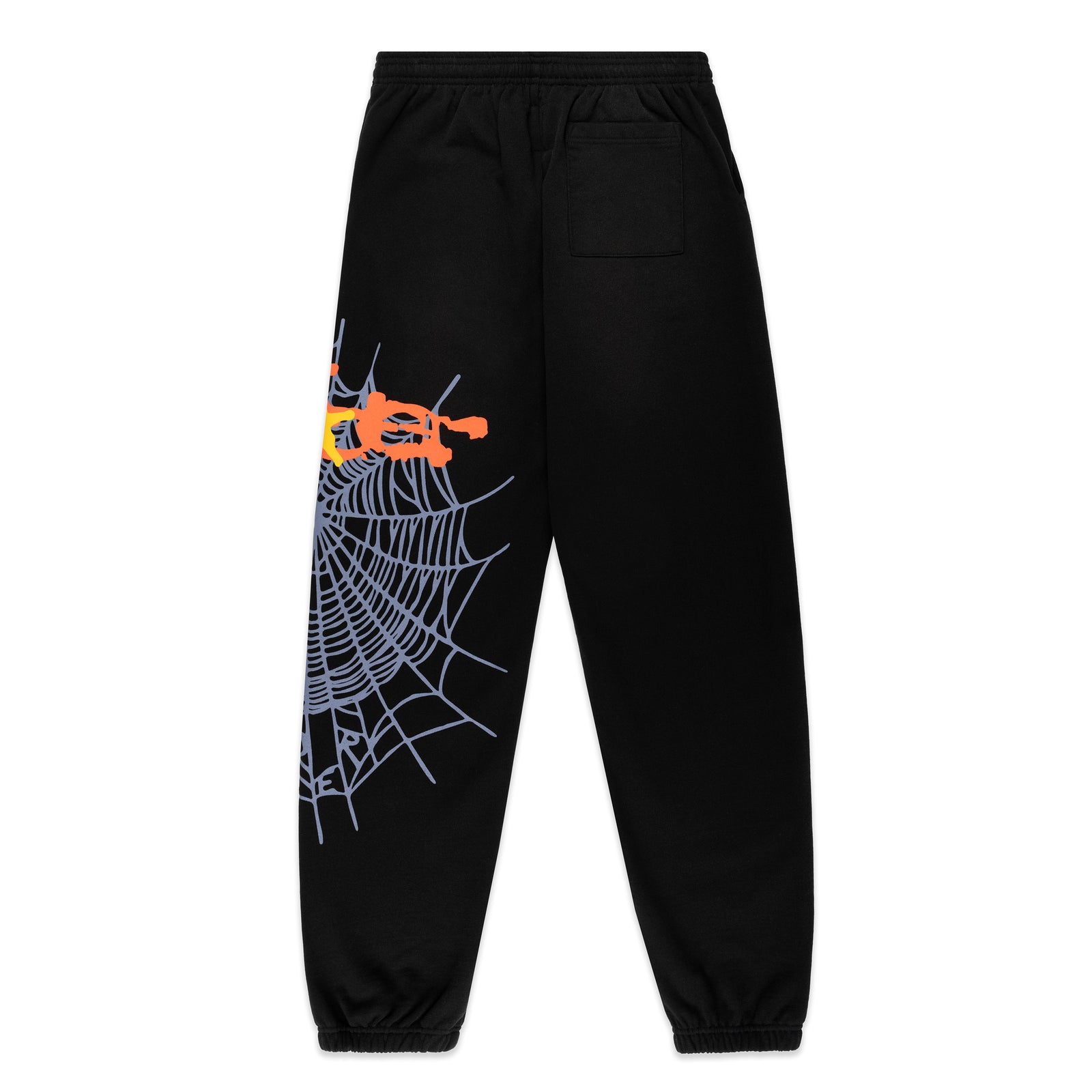 Black 13oz cotton fleece sweatpants with orange SP5DER web graphic and scattered stars on the leg.
