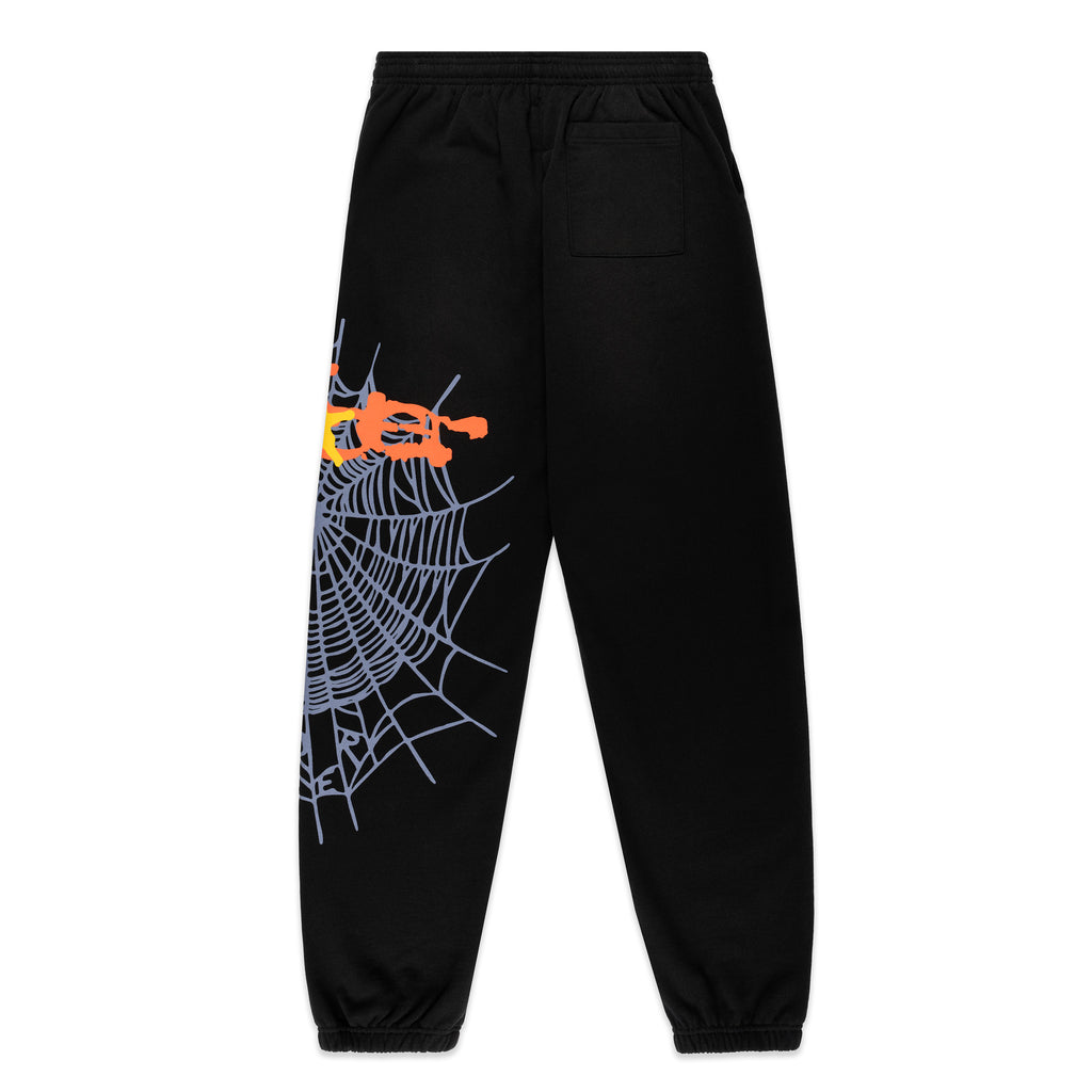 Black 13oz cotton fleece sweatpants with orange SP5DER web graphic and scattered stars on the leg.