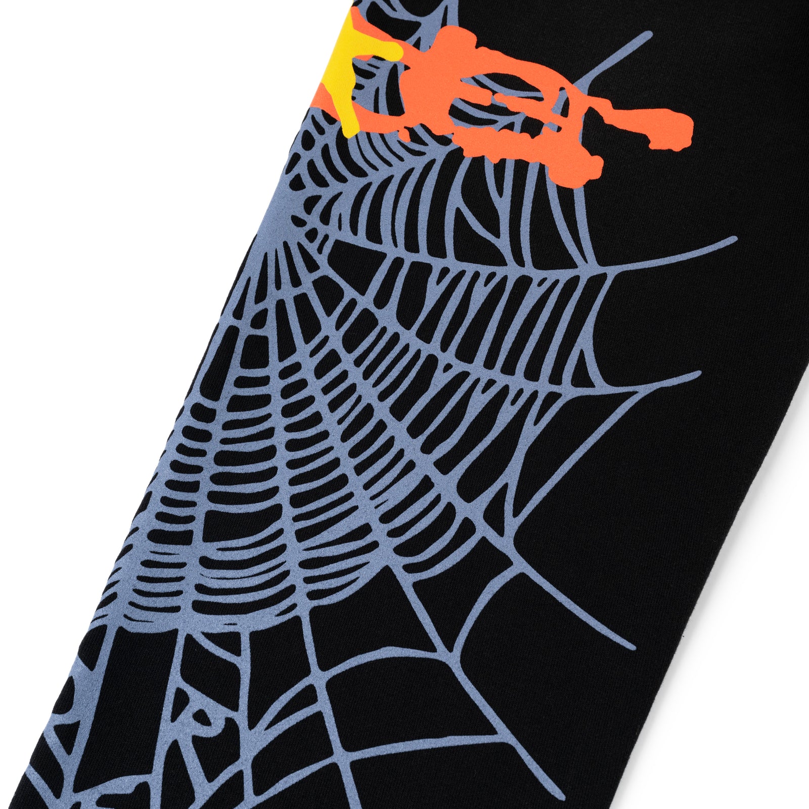 Black HEAVY WEB SWEATPANT with gray SP5DER web graphic and orange/yellow puff print on leg.
