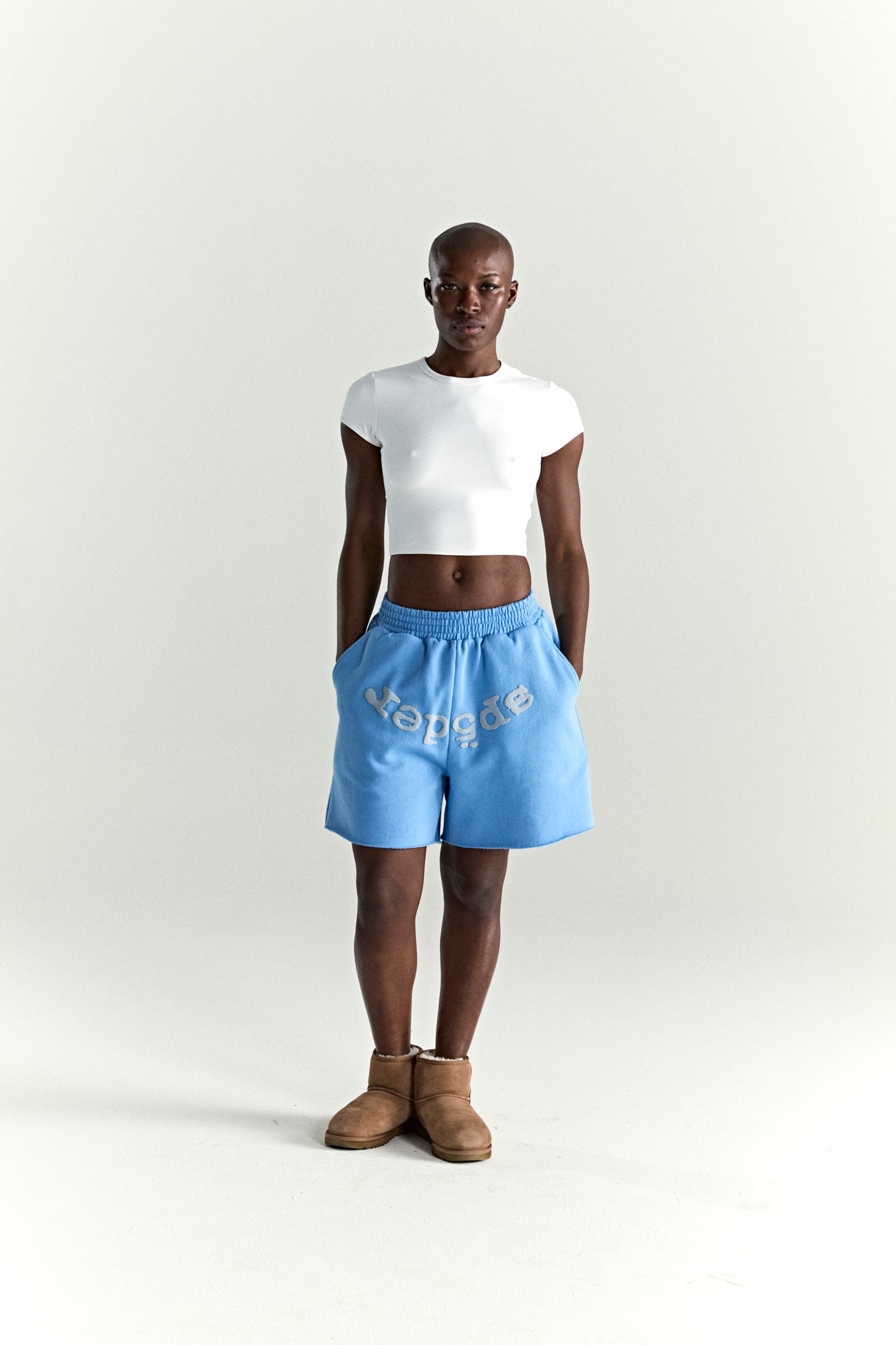 DUSTY BLUE OG WEB V2 SWEATSHORT ON MODEL
