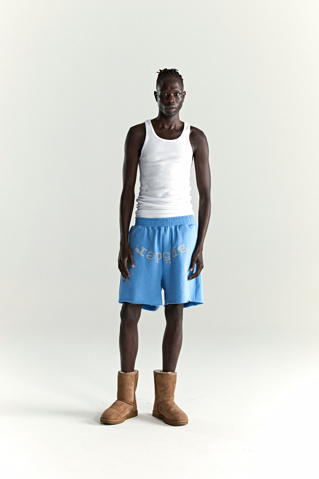 DUSTY BLUE OG WEB V2 SWEATSHORT ON MODEL