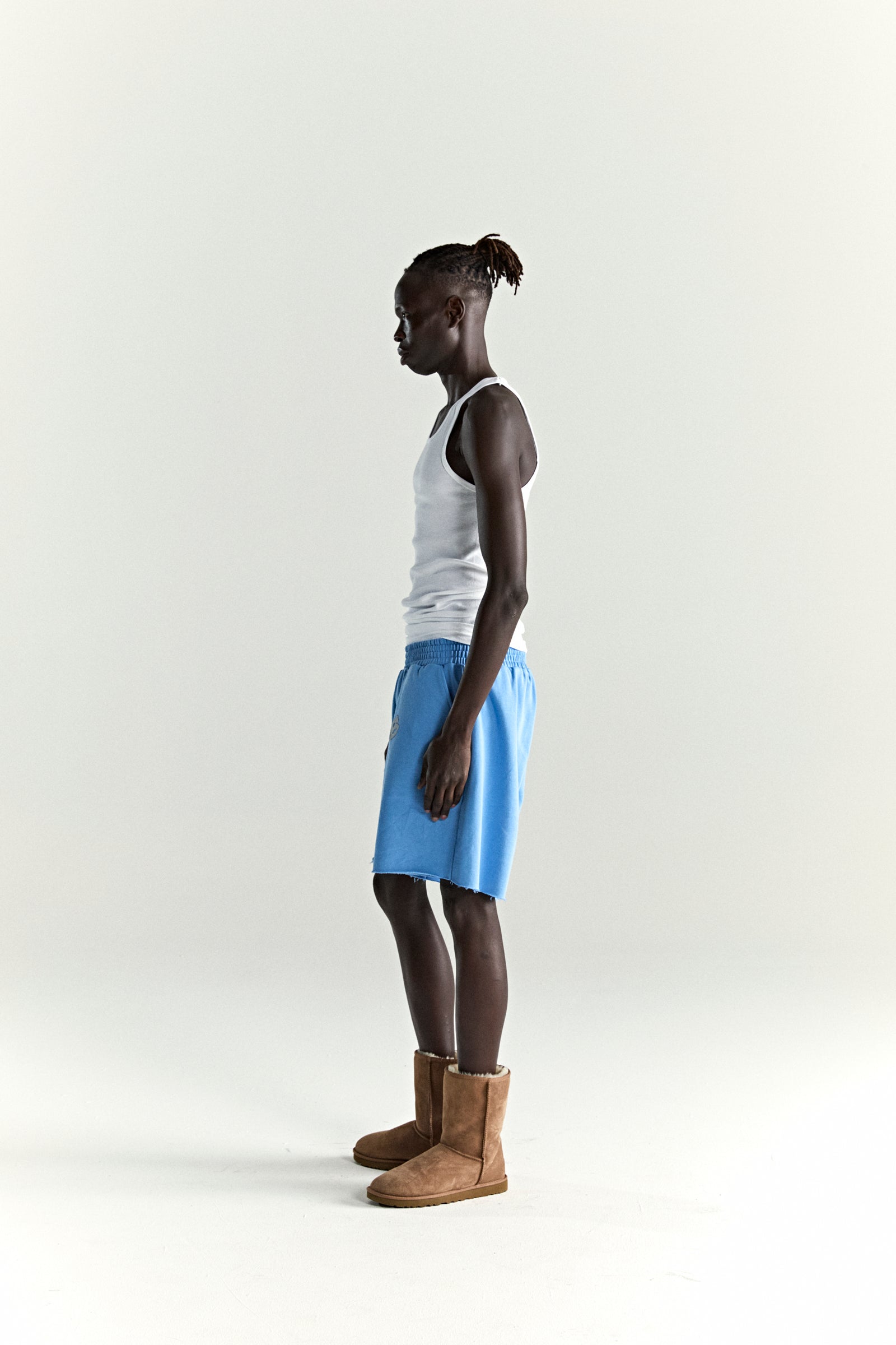 DUSTY BLUE OG WEB V2 SWEATSHORT ON MODEL