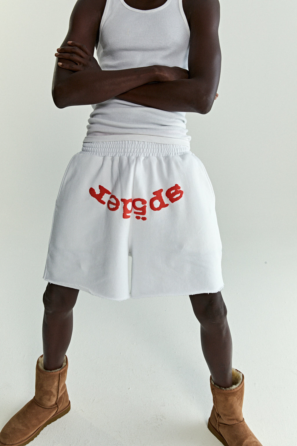 WHITE OG WEB V2 SWEATSHORT ON MODEL