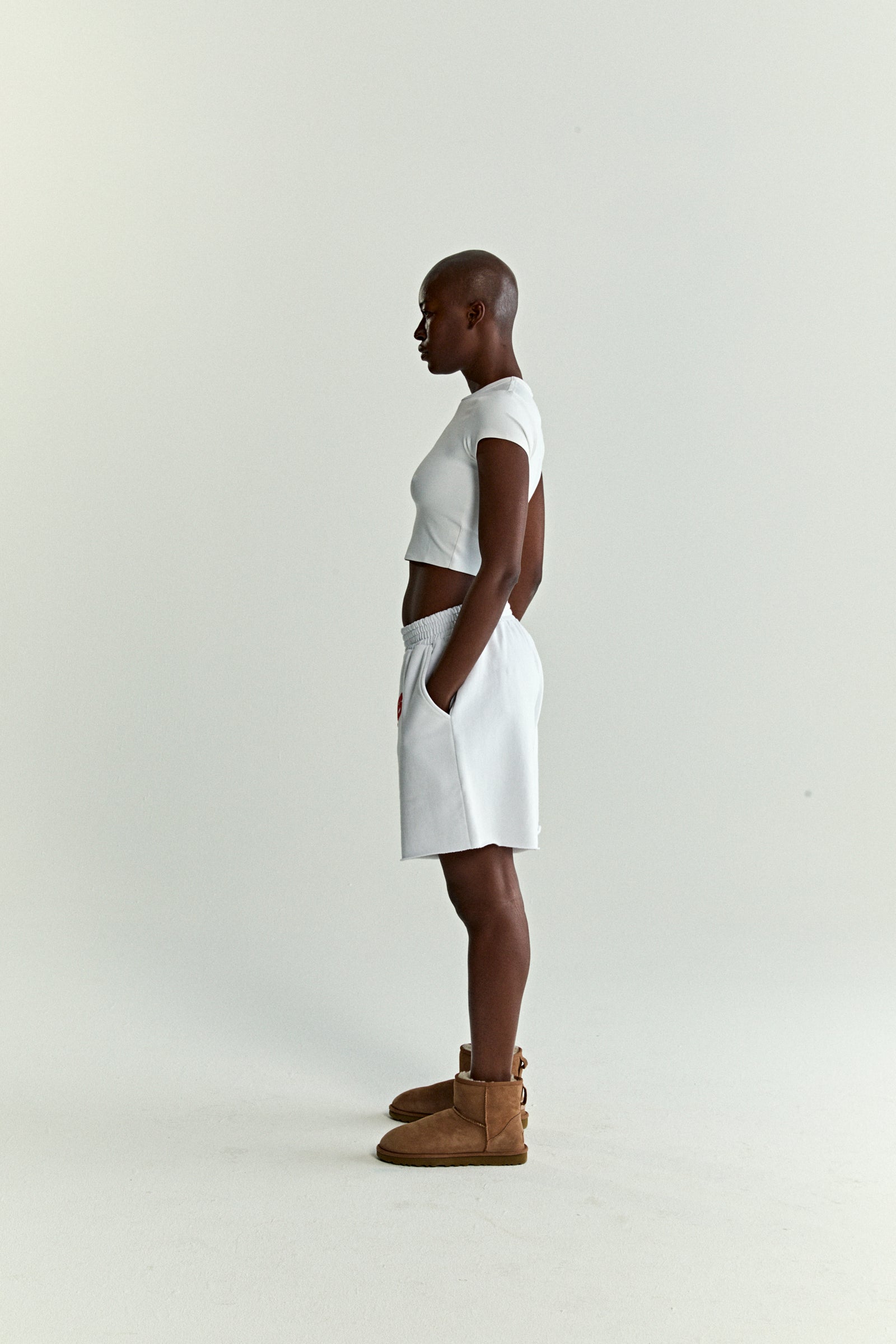 WHITE OG WEB V2 SWEATSHORT ON MODEL