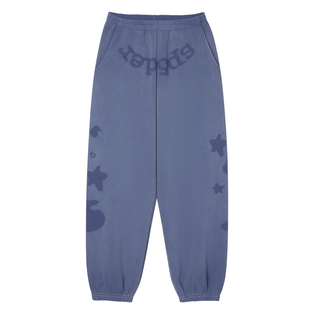 Beluga blue cotton fleece sweatpants with distressed SP5DER graphic print, star designs, and elasticized cuffs.