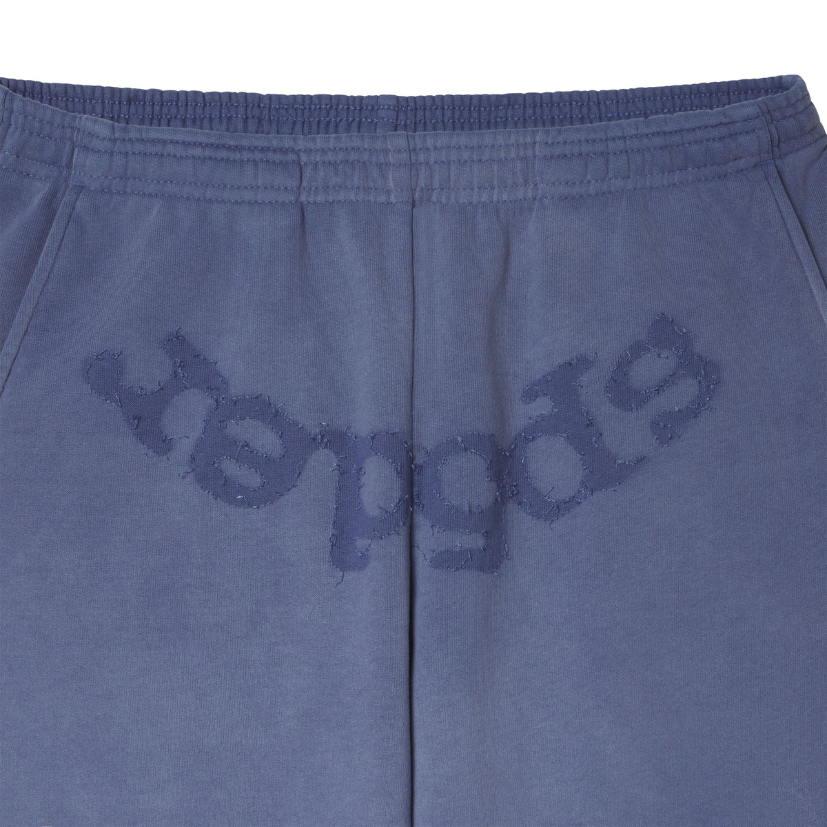 Blue cotton fleece sweatpants featuring distressed SP5DER graphic print at the crotch with an elasticized waistband.