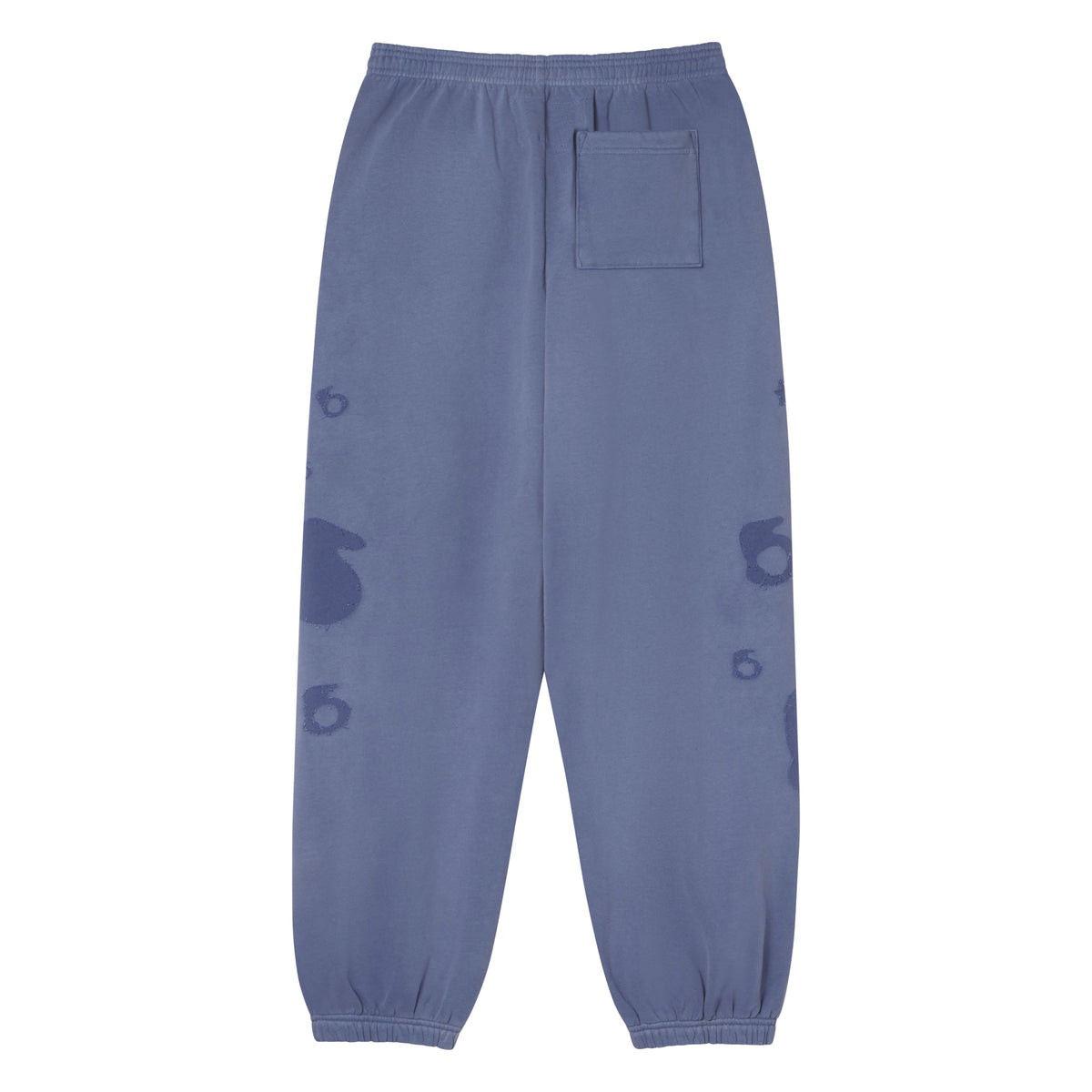 Beluga blue 100% cotton fleece sweatpants with elasticized cuffs, waistband, and distressed graphic print details.