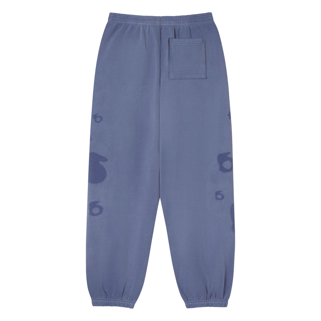 Beluga blue 100% cotton fleece sweatpants with elasticized cuffs, waistband, and distressed graphic print details.