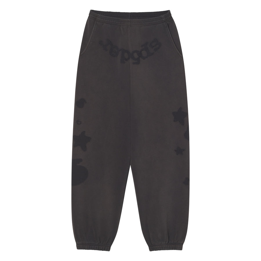 Beluga grey 100% cotton fleece sweatpants with distressed SP5DER graphic print, star designs, and elasticized cuffs.