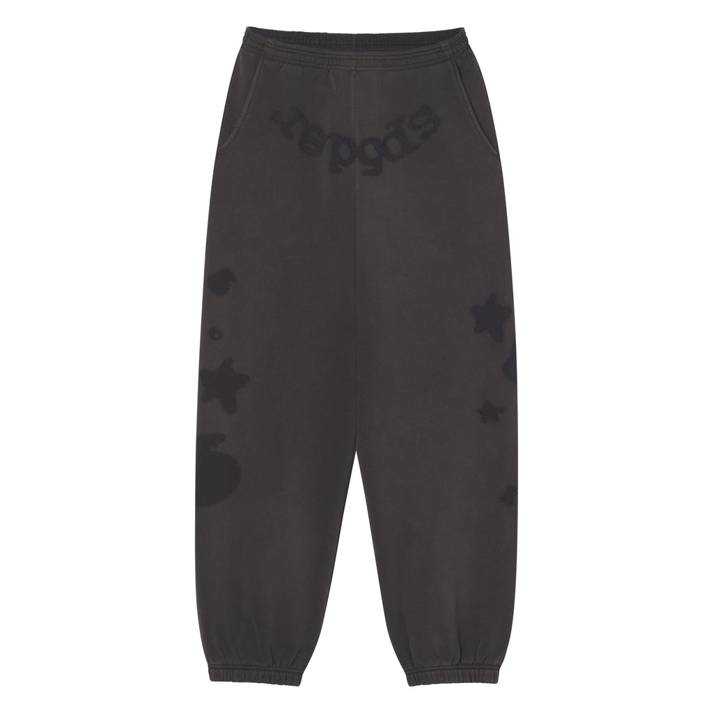 Beluga grey 100% cotton fleece sweatpants with distressed SP5DER graphic print, star designs, and elasticized cuffs.
