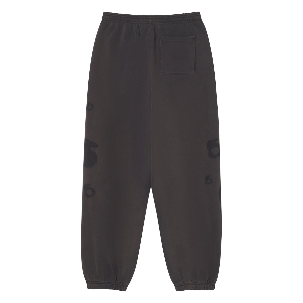 Grey 100% cotton fleece sweatpants with elasticized waistband, cuffs, and distressed graphic print designs.