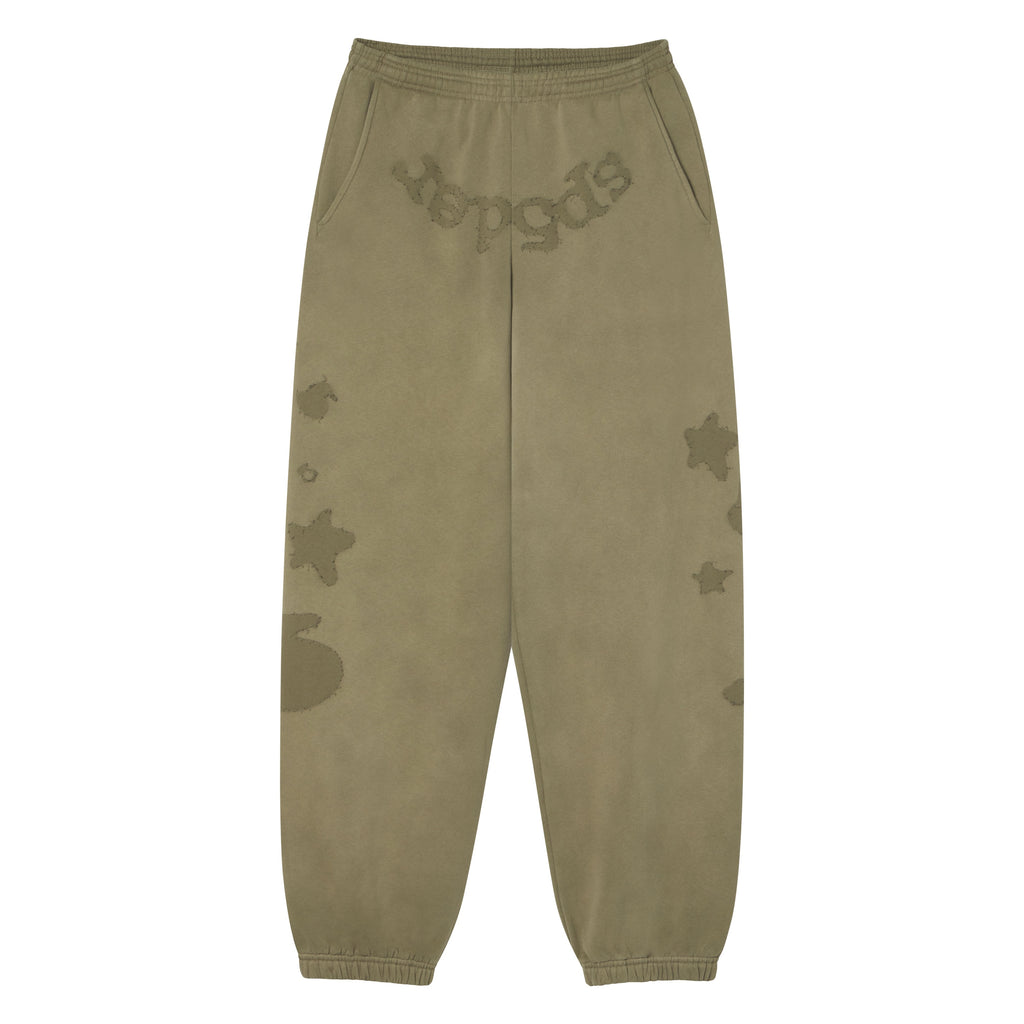 Beluga cotton fleece sweatpants with distressed SP5DER graphic print, star designs, elasticized waistband, and cuffs.