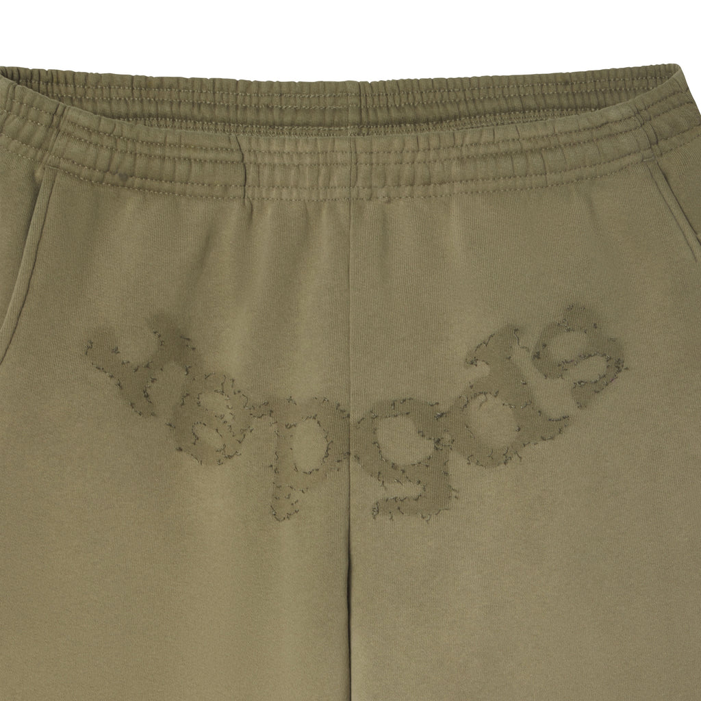 Beluga green cotton fleece sweatpants featuring distressed SP5DER graphic print at the crotch and elasticized waistband.