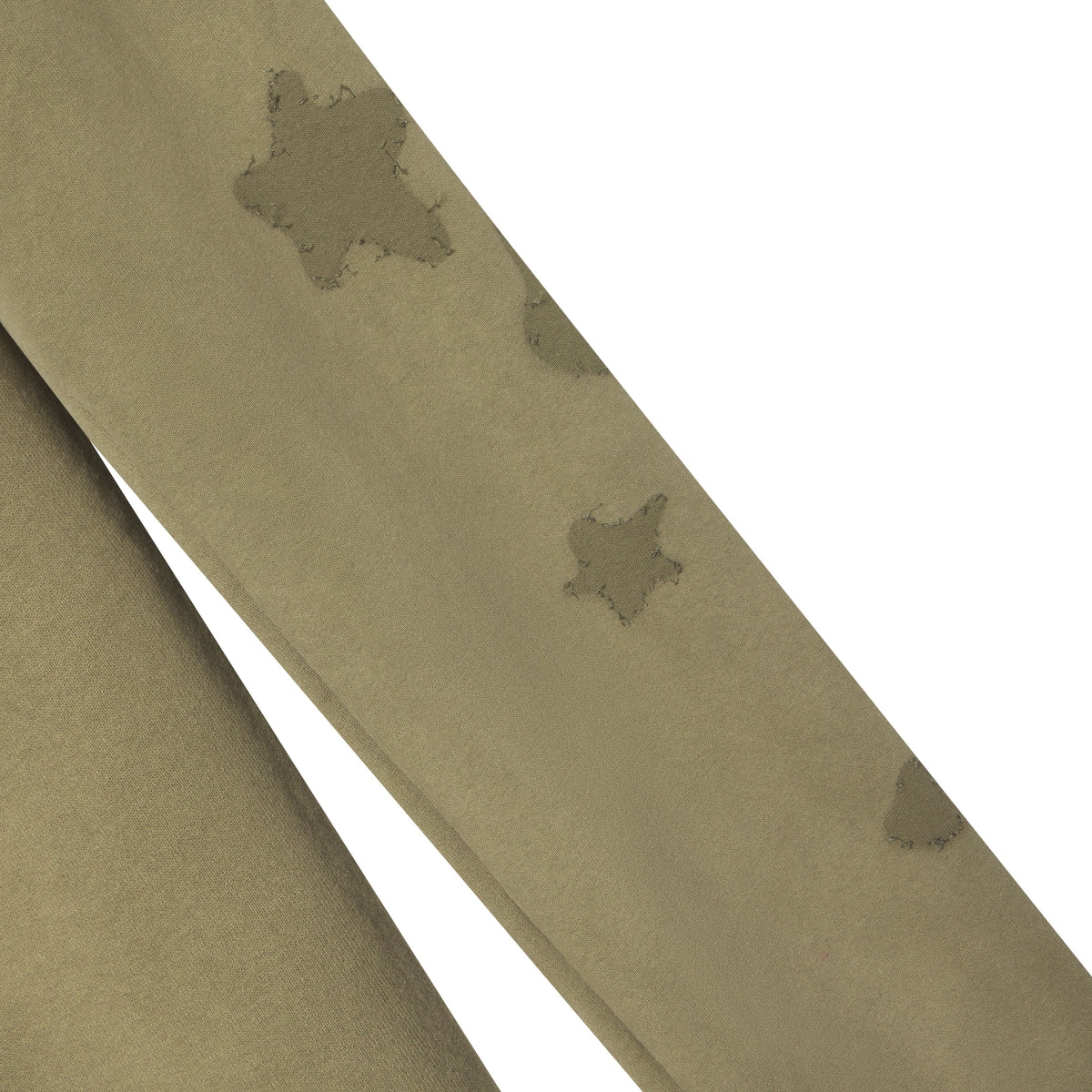 Beluga green cotton fleece sweatpants featuring distressed star graphic prints along the leg.