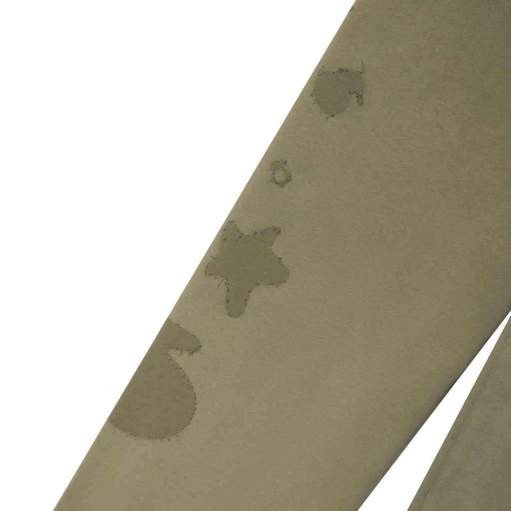 Beluga green 13oz cotton fleece sweatpants featuring a distressed number 5 and star graphic design.