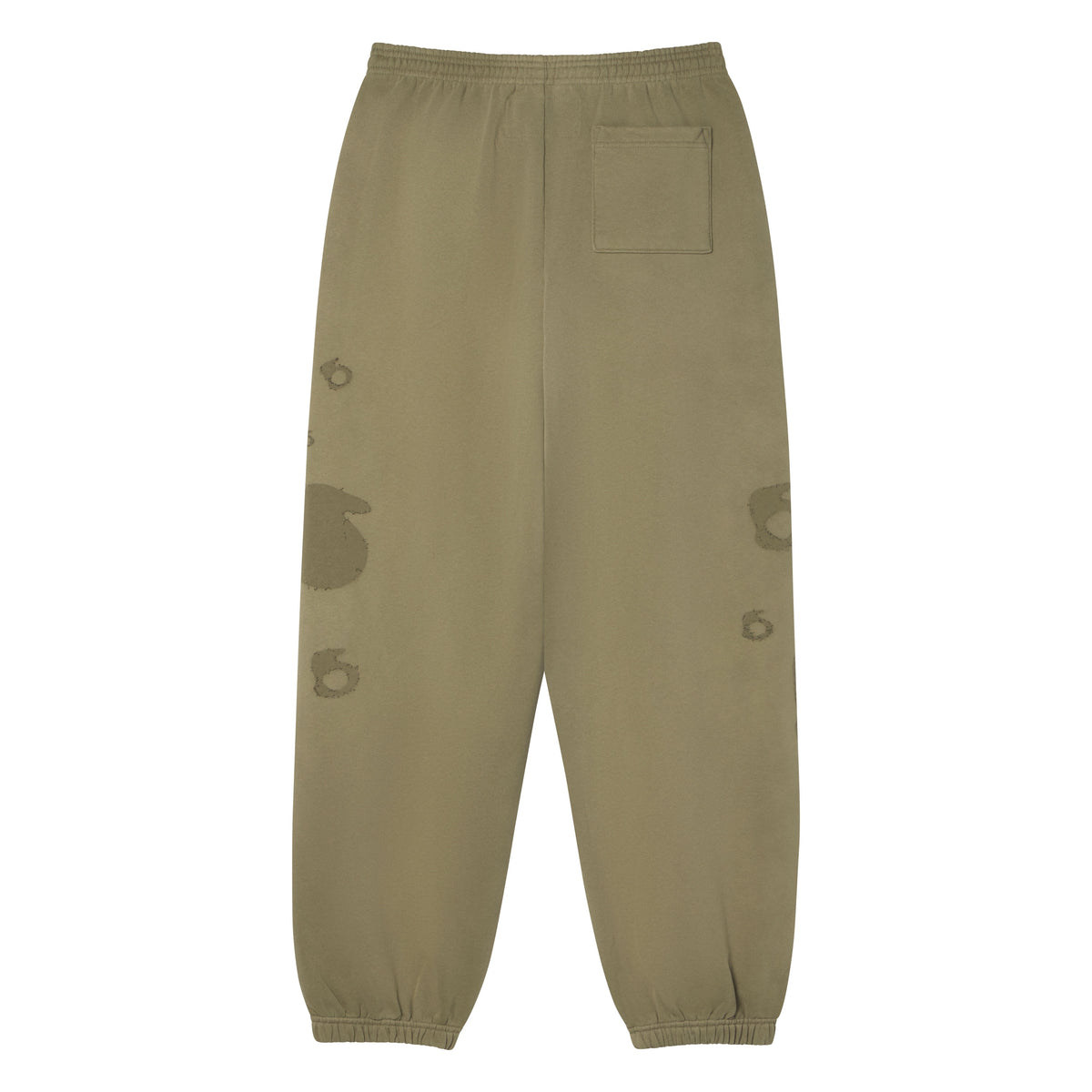 Beluga olive cotton fleece sweatpants with elasticized cuffs, drawstring waist, and distressed graphic print details.