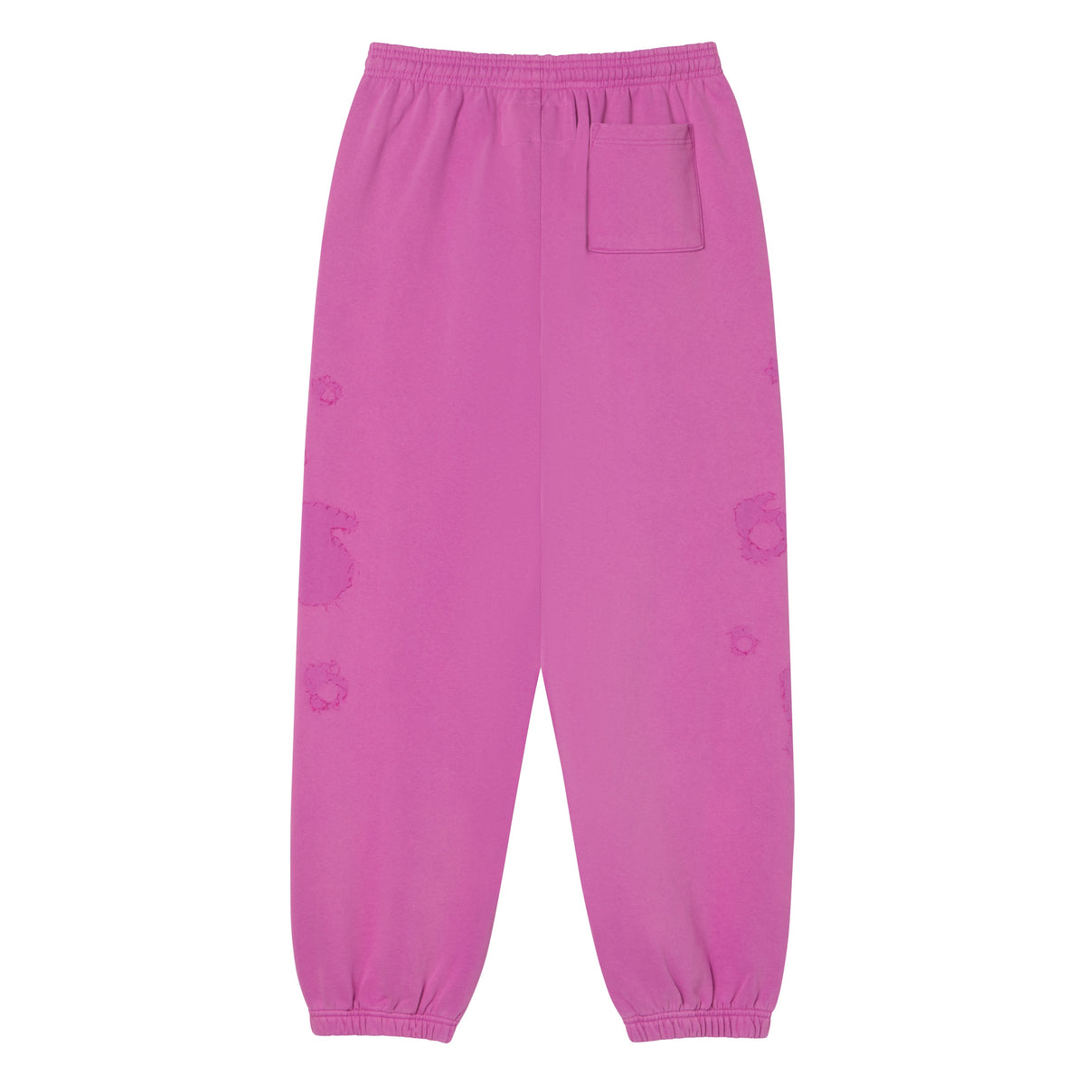 Pink 100% cotton fleece sweatpants with an elasticized waistband, cuffs, and a single back pocket.