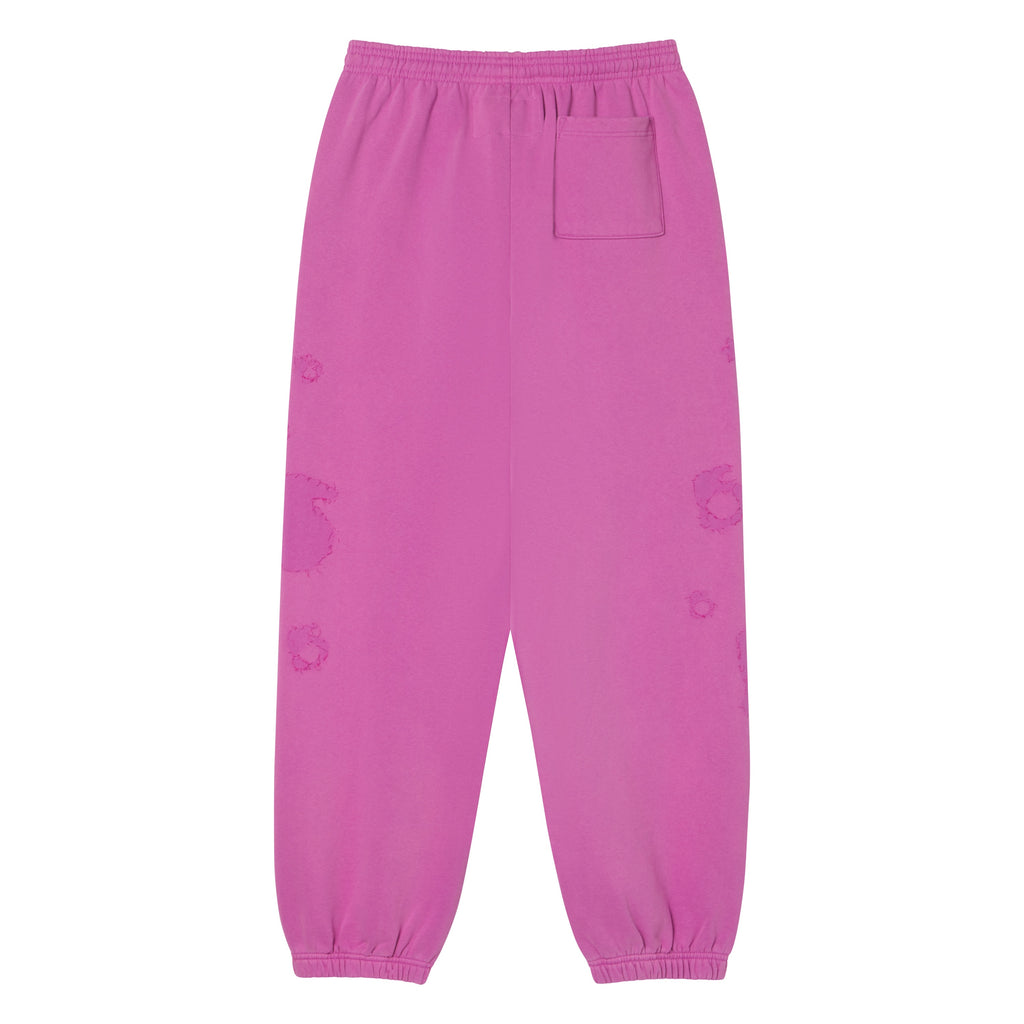 Pink 100% cotton fleece sweatpants with an elasticized waistband, cuffs, and a single back pocket.