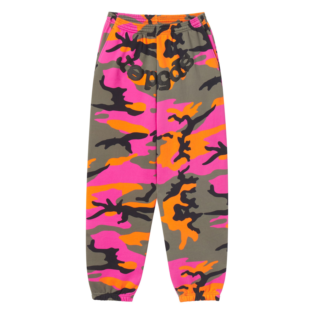 Pink, orange, and grey camo cotton fleece sweatpants with elastic cuffs, drawstring waist, and SP5DER graphic print.