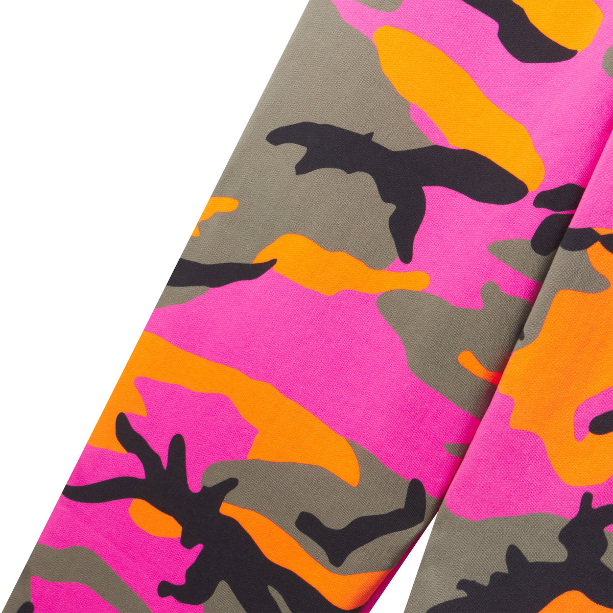 Adult cotton fleece sweatpants featuring a vibrant pink, orange, and grey camo graphic print design.