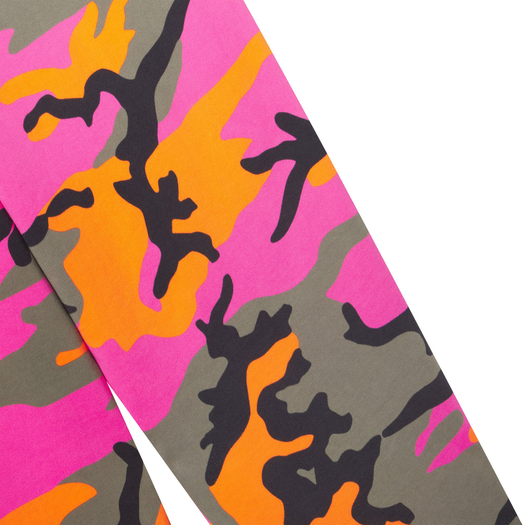Cotton fleece sweatpants featuring a vibrant pink, orange, and grey camo graphic print design.