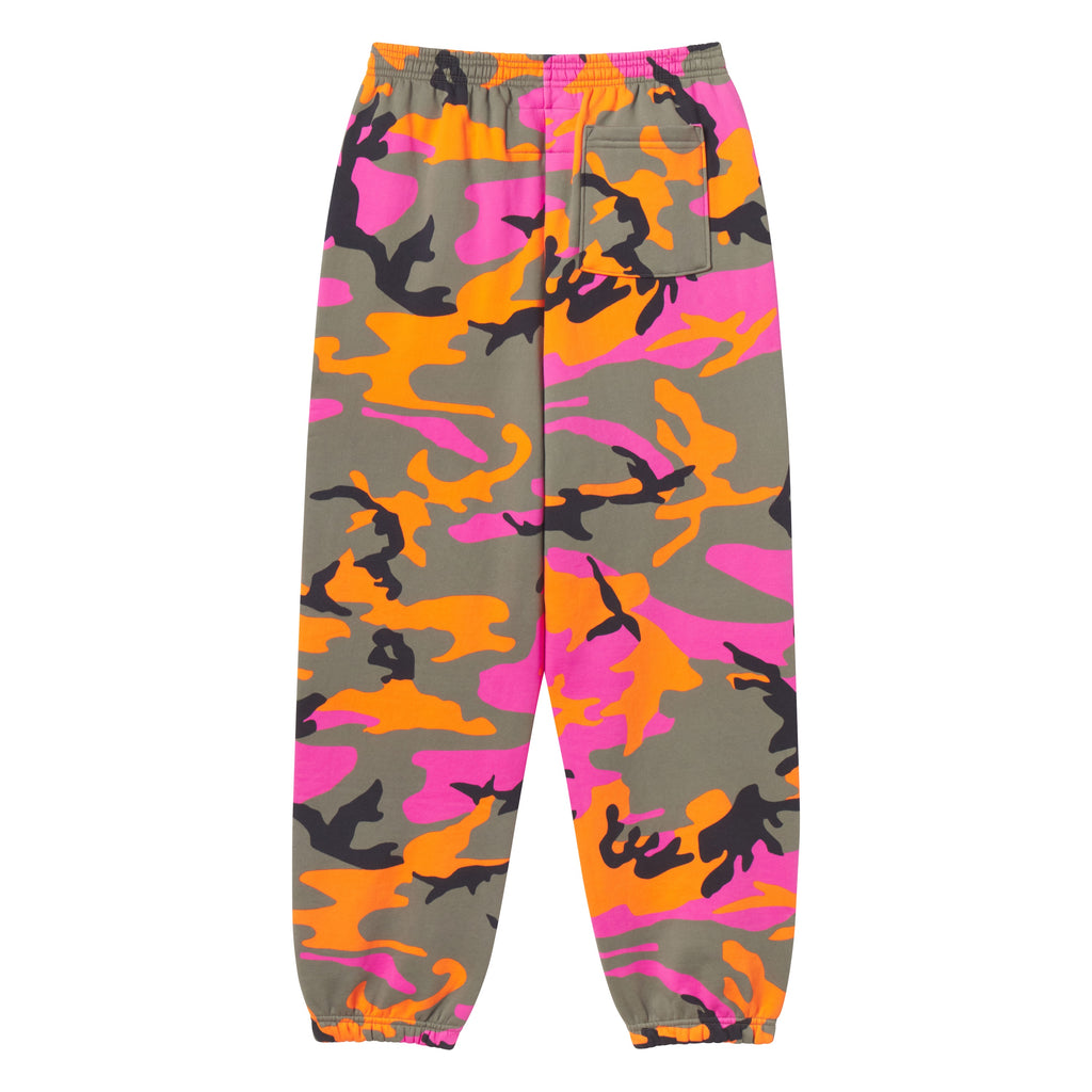 Adult cotton fleece sweatpants in a pink, orange, and olive camo graphic print with an elasticized waistband and cuffs.