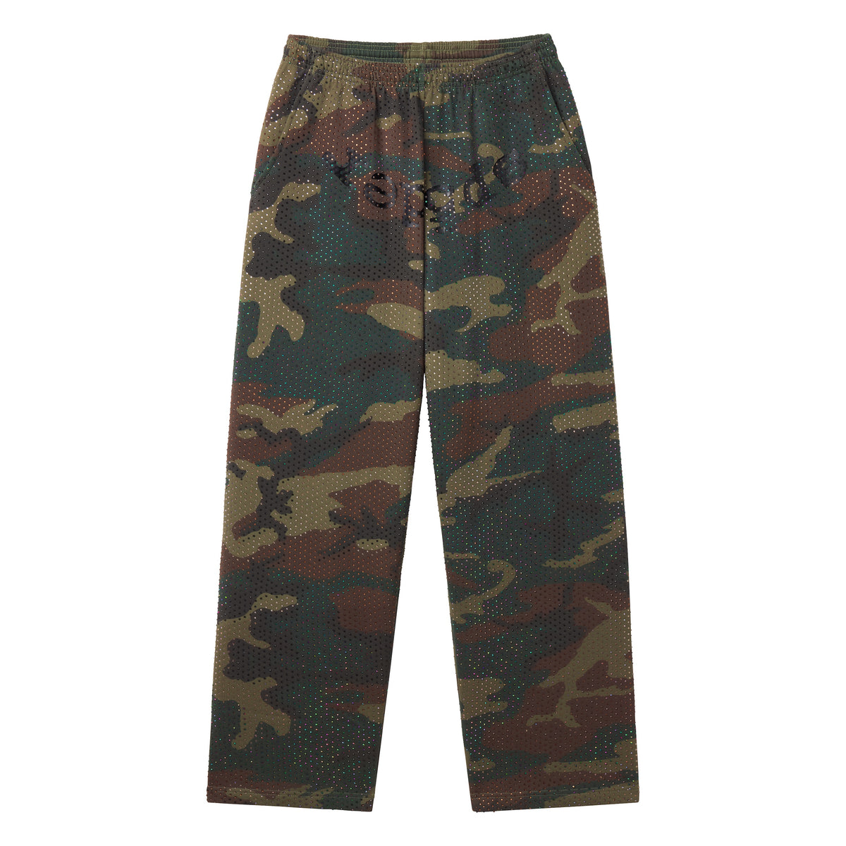 Camo print cotton fleece sweatpants with all-over tonal rhinestone detailing, elasticized waistband, and straight leg fit.