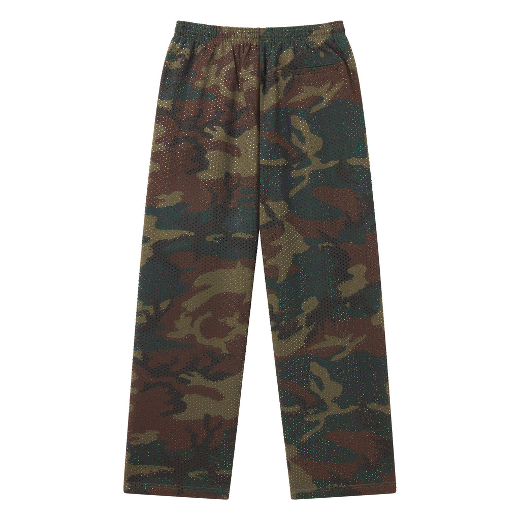 Camo print cotton fleece sweatpants with all-over tonal rhinestone detailing, elasticized waistband, and straight leg fit.