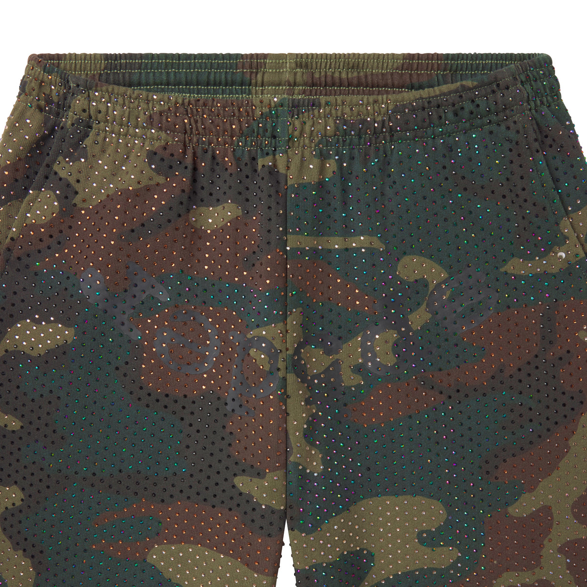 Camo print cotton fleece sweatpants featuring an all-over tonal rhinestone graphic design and SP5DER text print on the crotch.