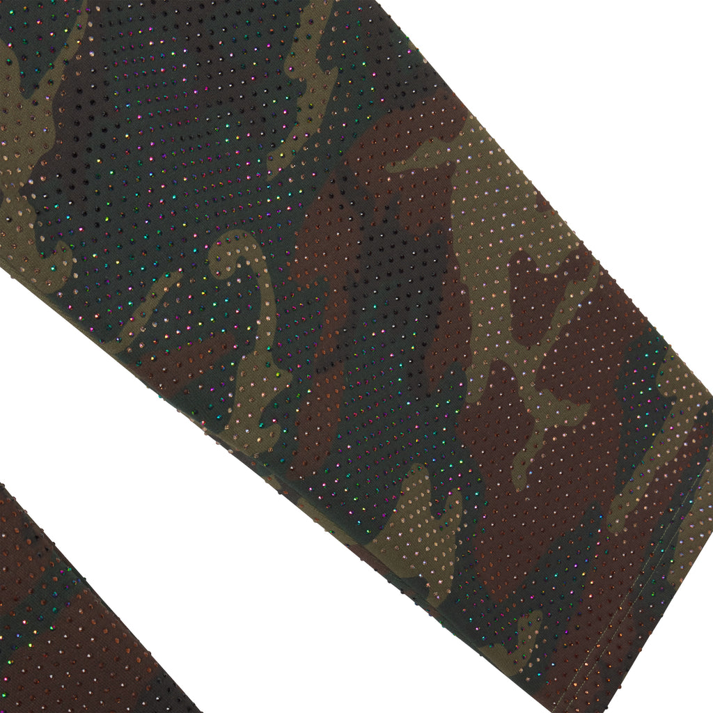 Camo print cotton fleece sweatpants featuring an all-over tonal rhinestone graphic design.