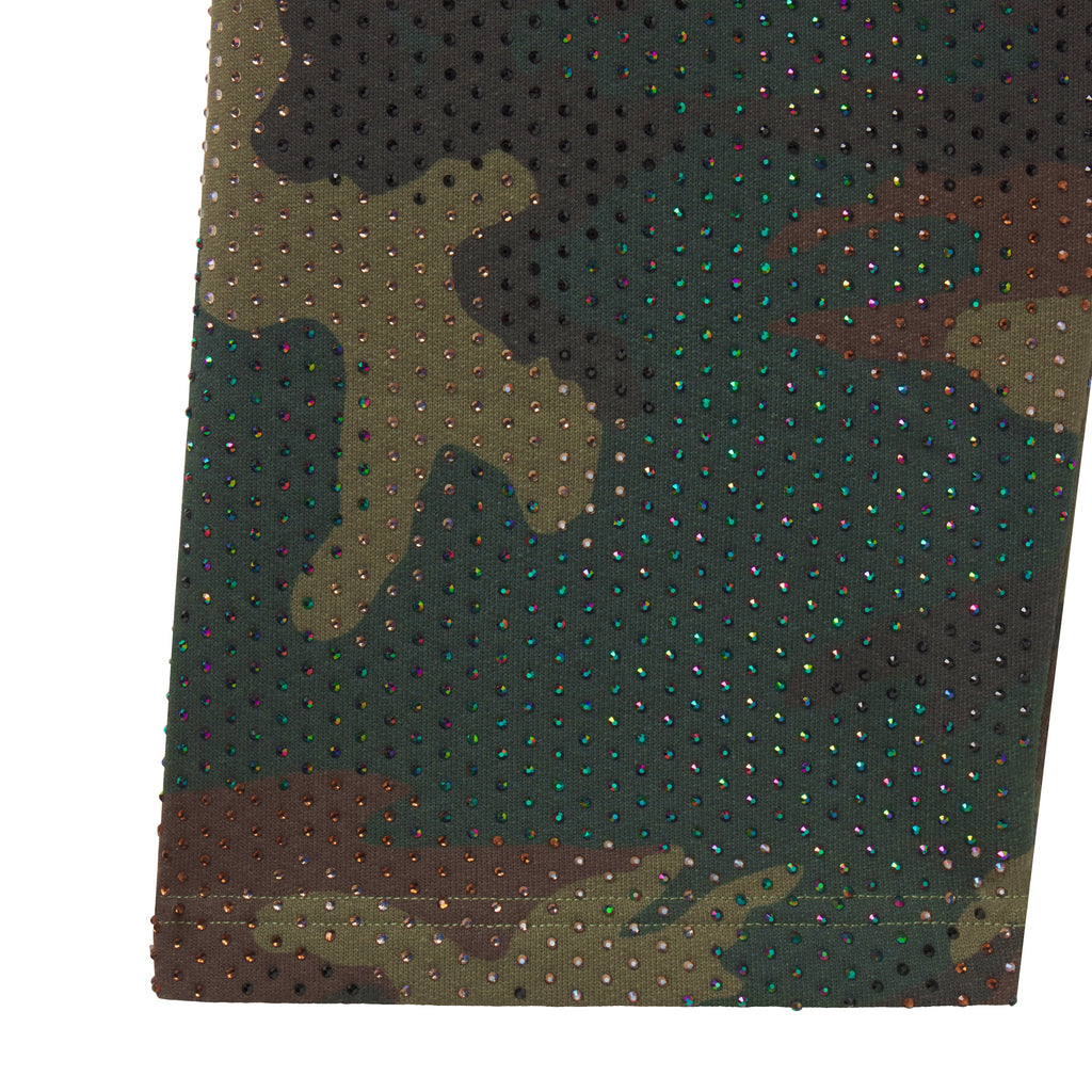 Camo print cotton fleece sweatpants featuring an all-over tonal rhinestone graphic design.