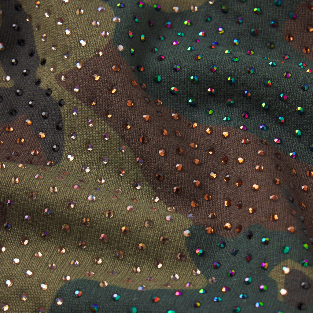 Camo print cotton fleece sweatpants featuring an all-over tonal rhinestone graphic design.