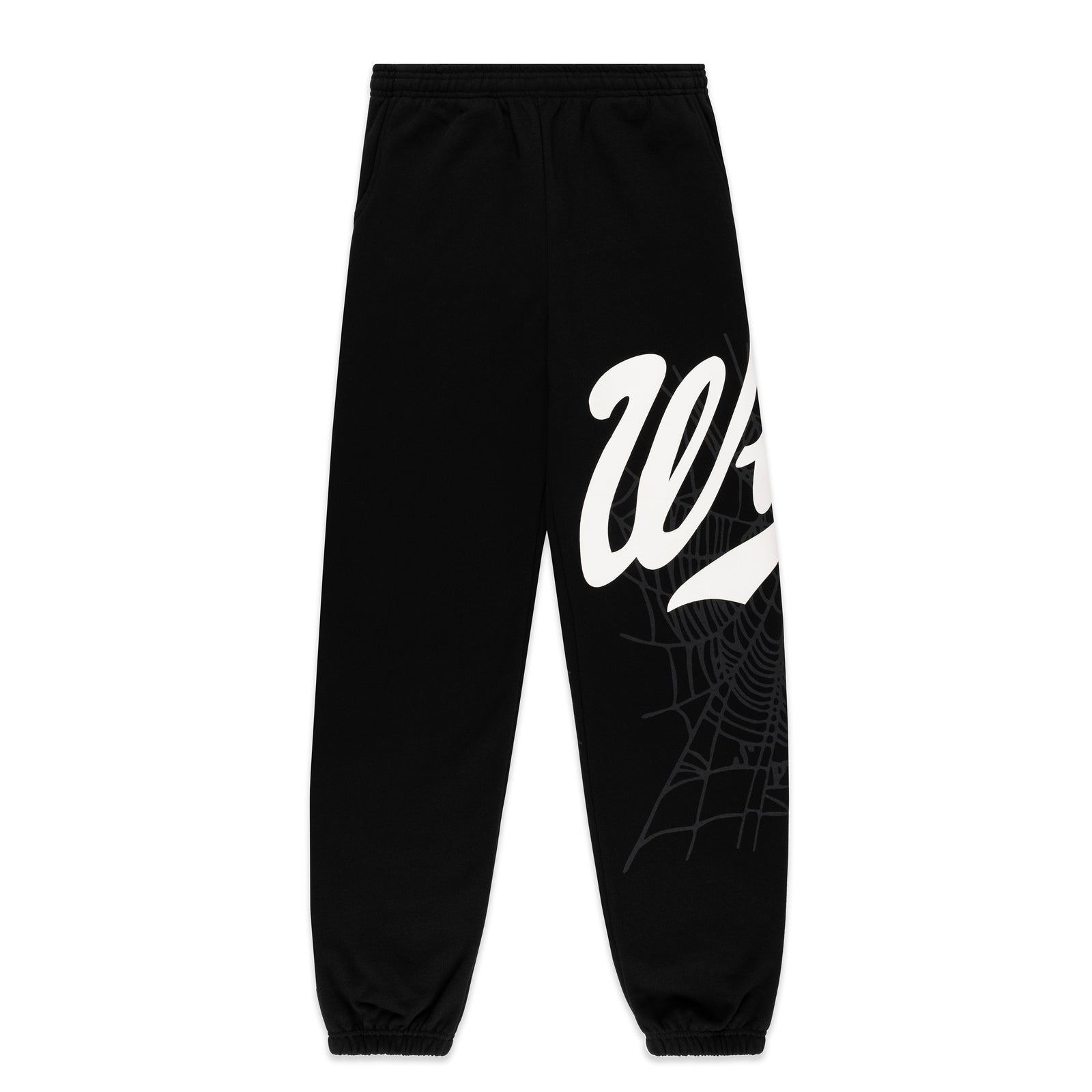 Black cotton fleece sweatpants with white 'Wait' script and spiderweb print.
