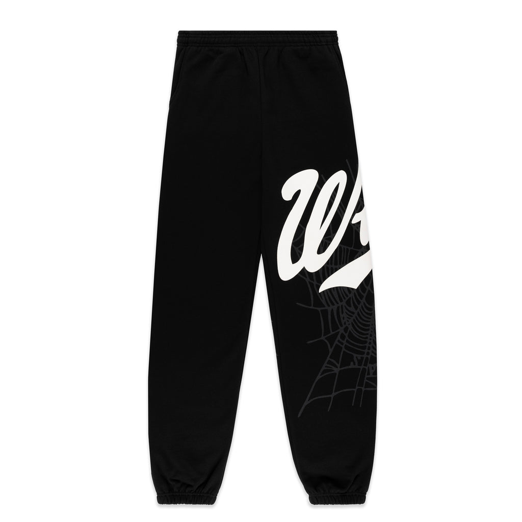 Black cotton fleece sweatpants with white 'Wait' script and spiderweb print.