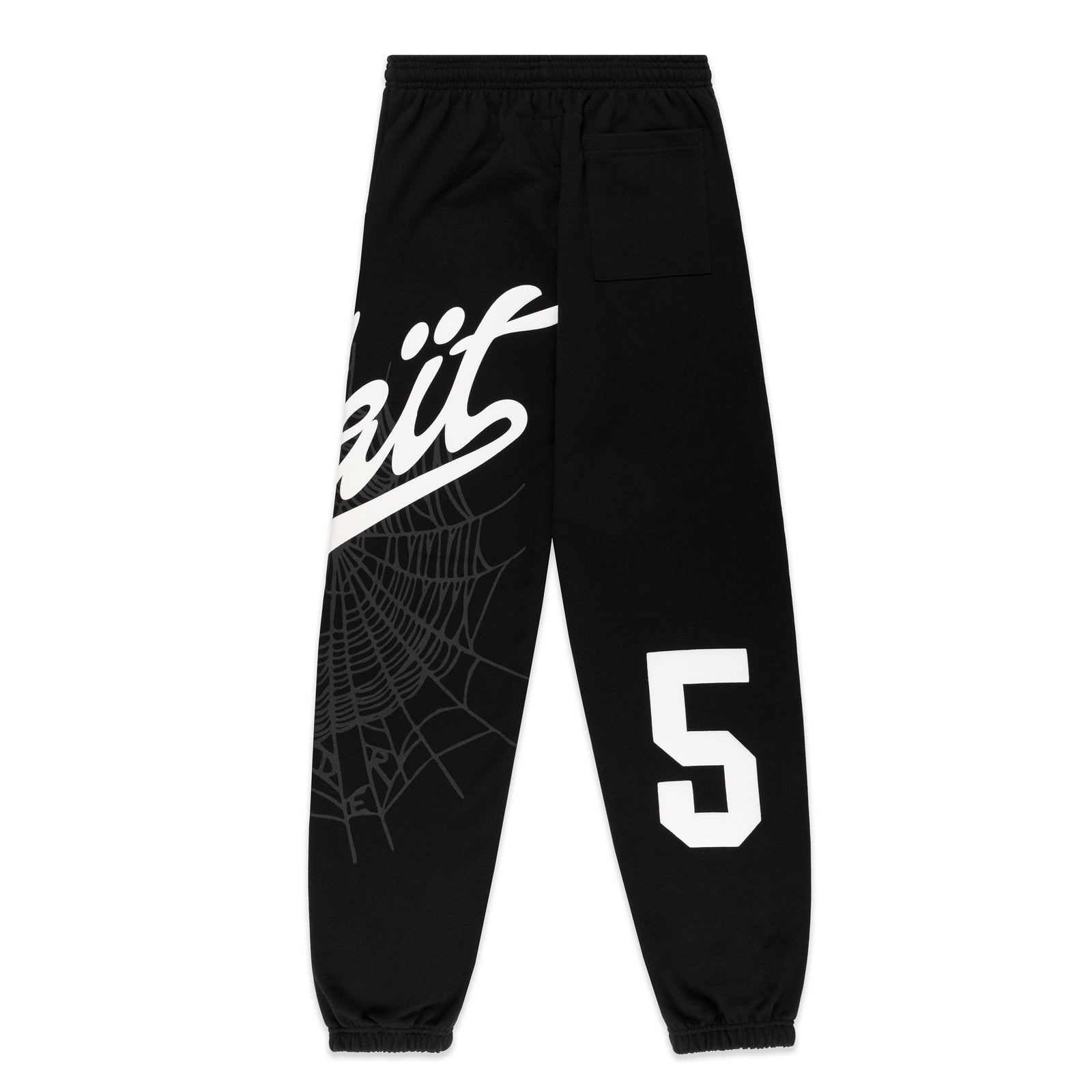 Black cotton fleece sweatpants with white 'Wait' script, spiderweb, and '5' print.