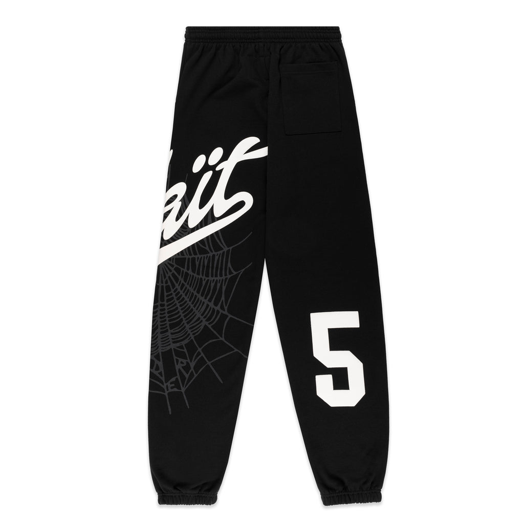 Black cotton fleece sweatpants with white 'Wait' script, spiderweb, and '5' print.