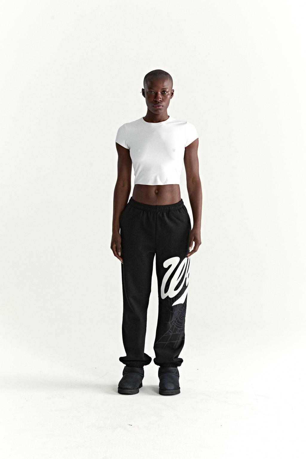 Black cotton fleece STADIUM SWEATPANT with white 'Wait' script, web print, and '5' motif.