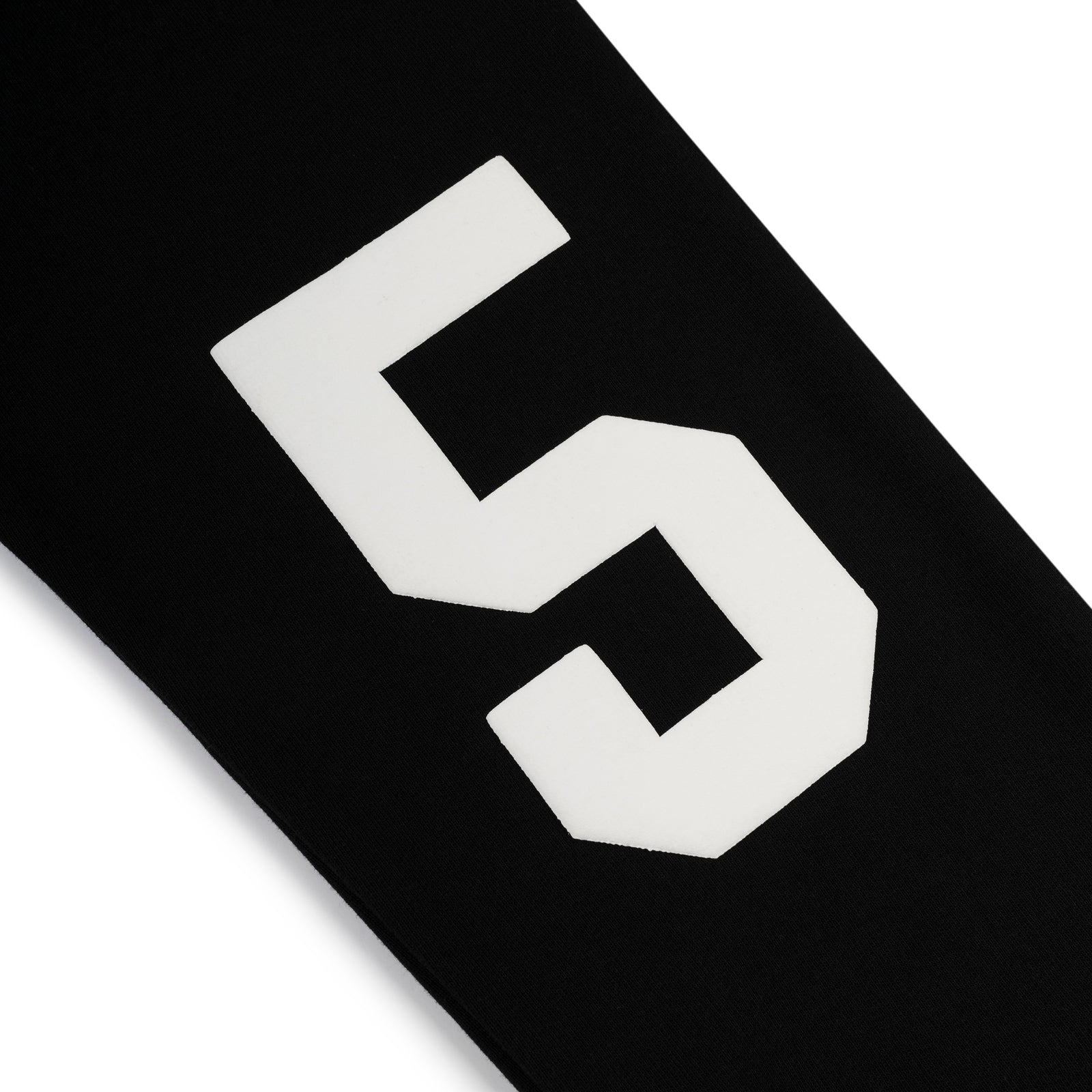 Black cotton fleece sweatpant with large white '5' motif on back leg.