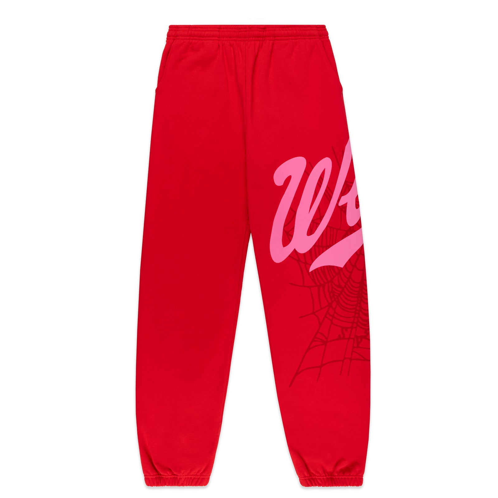 Red cotton fleece sweatpants with pink 'Wait' script and spider web print.