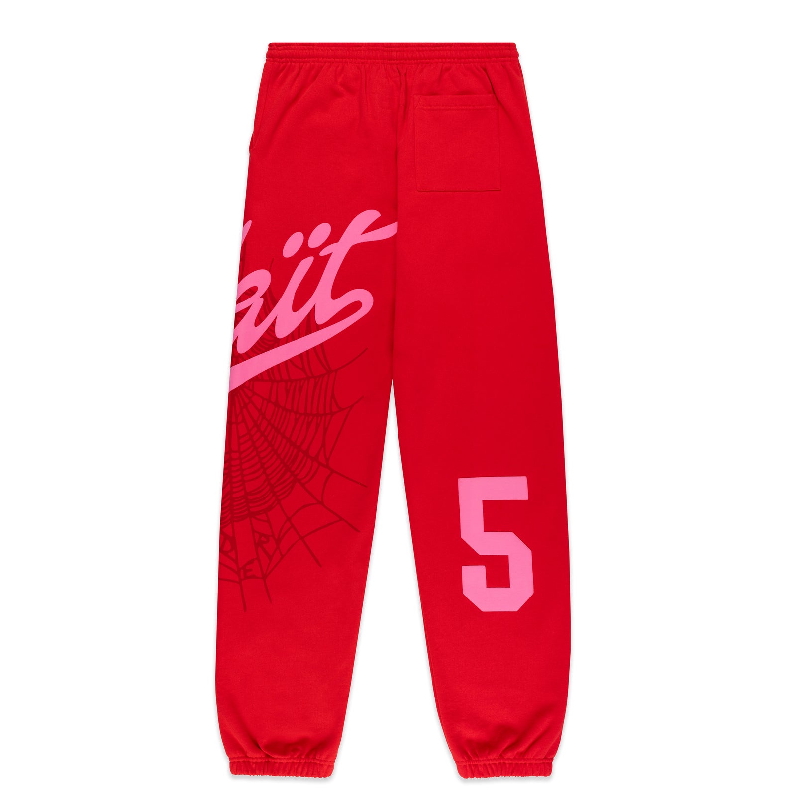 Red cotton fleece sweatpants with pink "Wait" script, spiderweb, and "5" prints.
