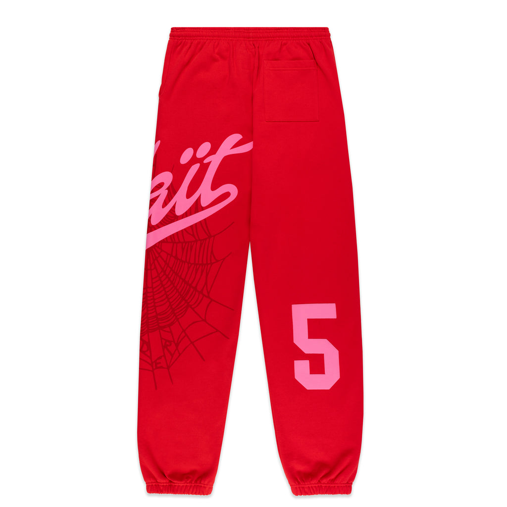 Red cotton fleece sweatpants with pink "Wait" script, spiderweb, and "5" prints.