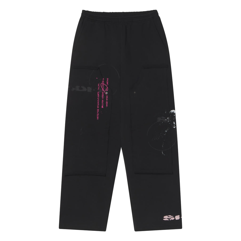 Black wide-leg cotton fleece sweatpants with oversized front pockets, distressed graphic prints, and embroidered detailing.