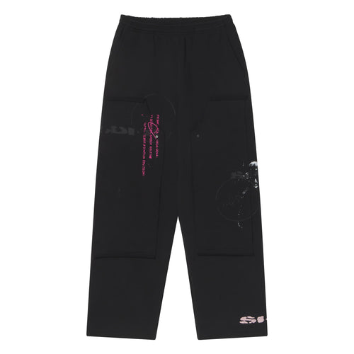 Black wide-leg cotton fleece sweatpants with oversized front pockets, distressed graphic prints, and embroidered detailing.